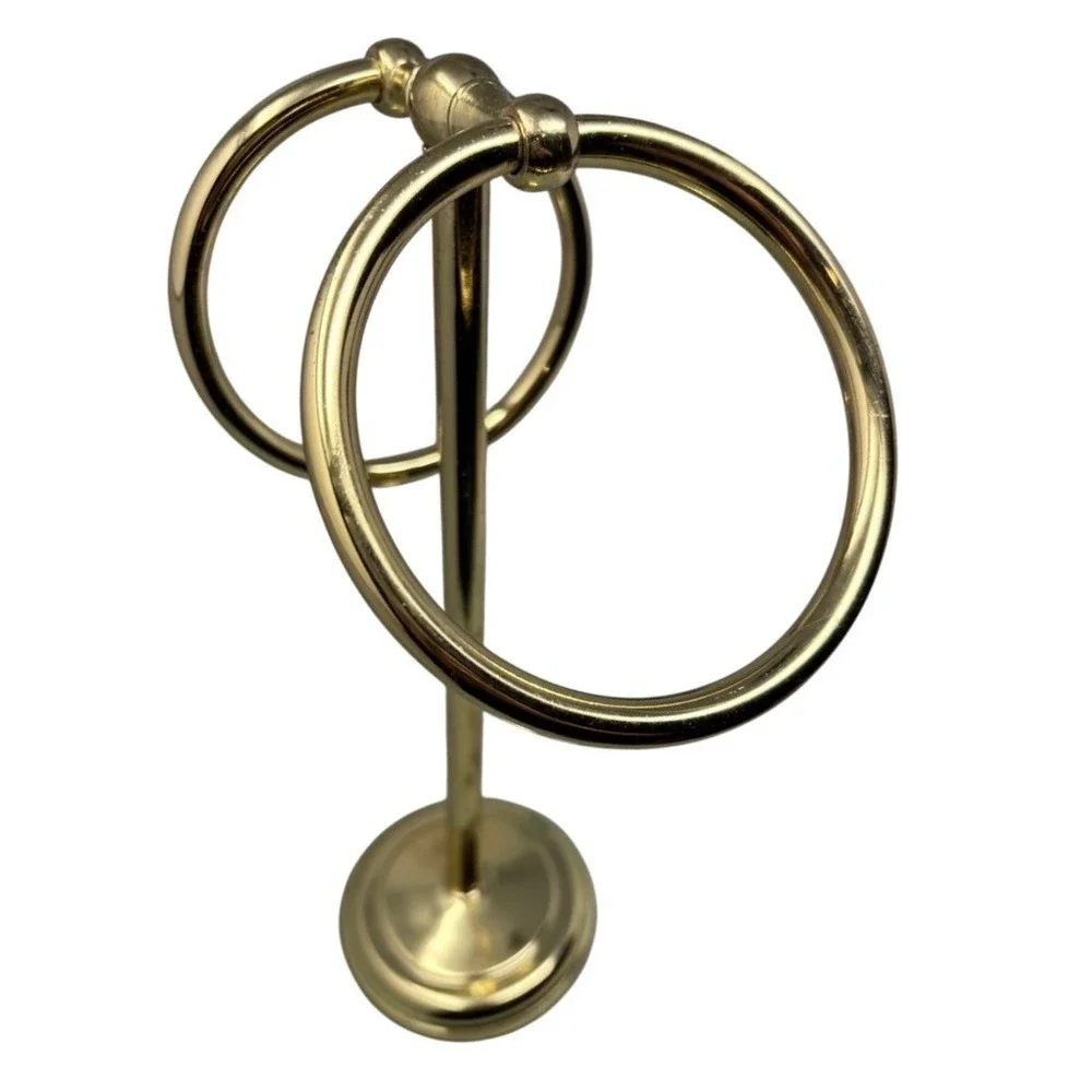 Vintage Polished Brass Double Ring Fingertip Towel Holder Pedestal Stand 13.5